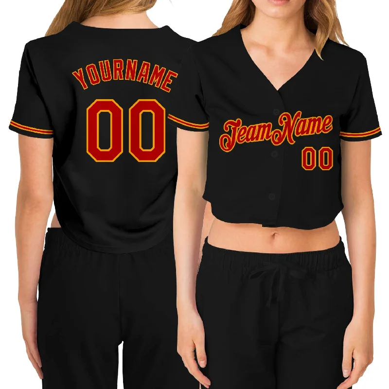 Custom Women's Black Red-Gold V-Neck Cropped Baseball Jersey