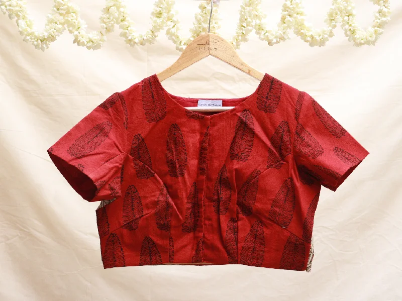 Red, block printed cotton, Hand embroidery blouse