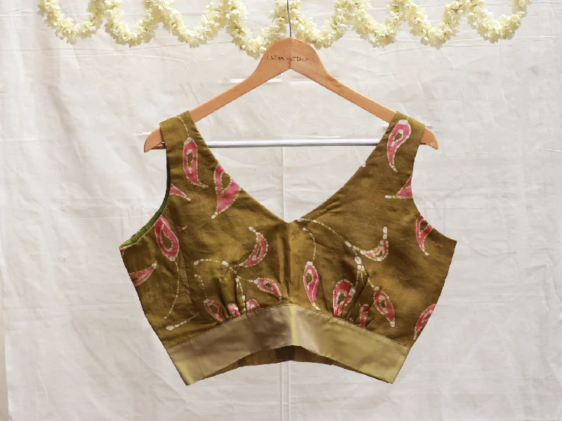 Army green Kalamkari, Batik, Hand embroidery blouse