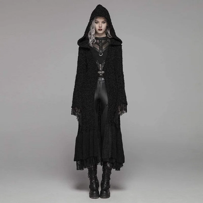 Women's Goth Multilayer Hooded Woolen Cardigan With Lace Sleeves