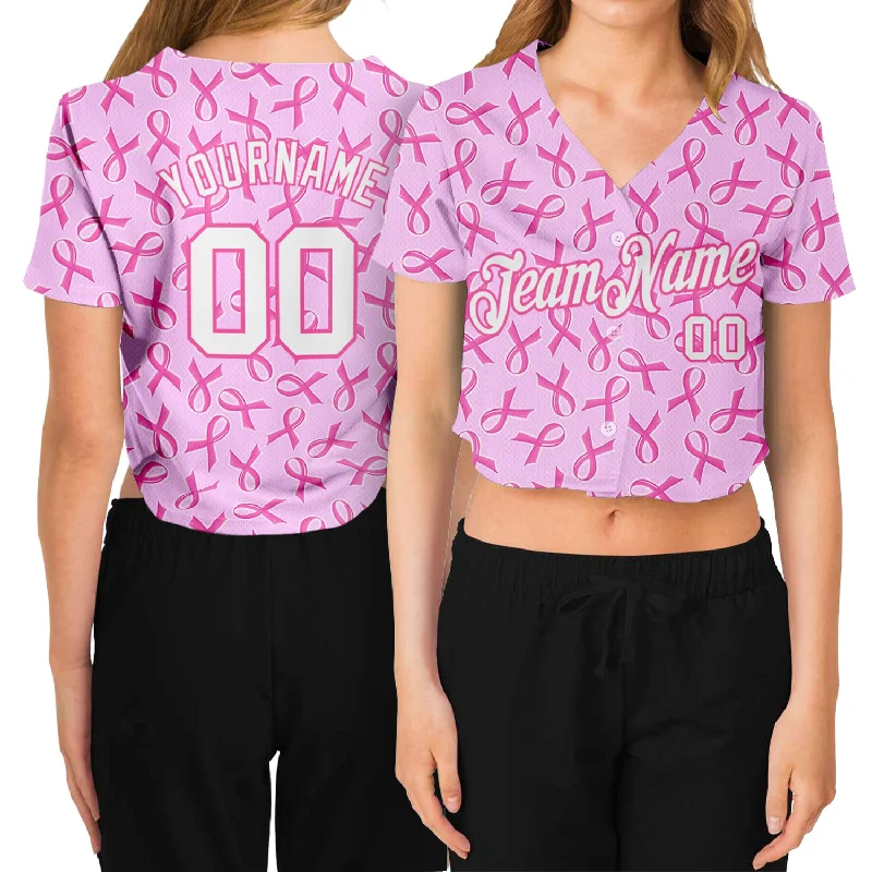 Custom Women's Pink White Breast Cancer 3D V-Neck Cropped Baseball Jersey