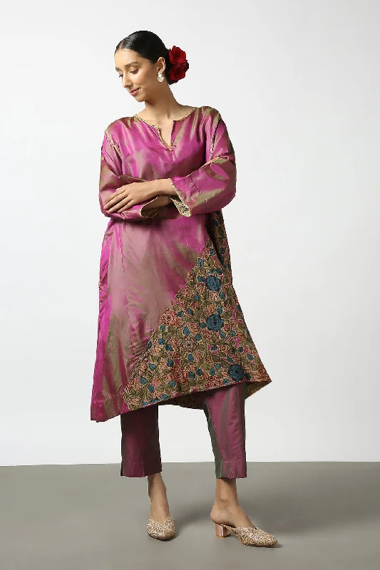 Pink Kalamkari Applique Silk Tops With Kanchi Cotton Pants