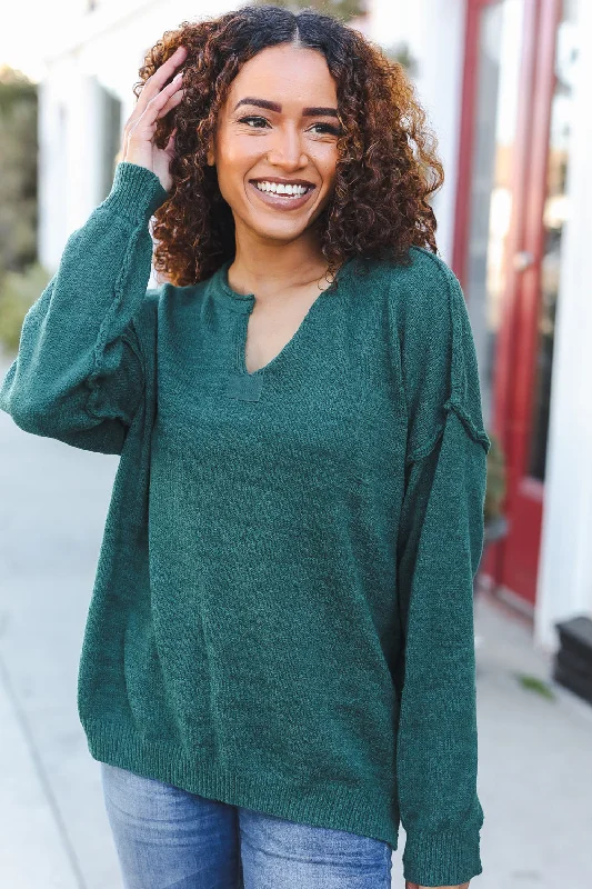 Hunter Green Notched Neck With Patch Oversized Sweater