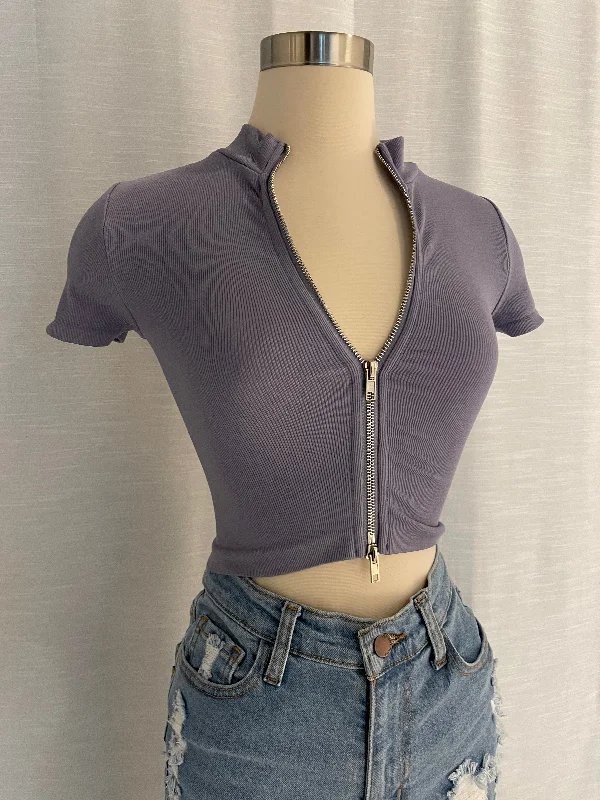 Zipper Short Sleeve Crop Lavender