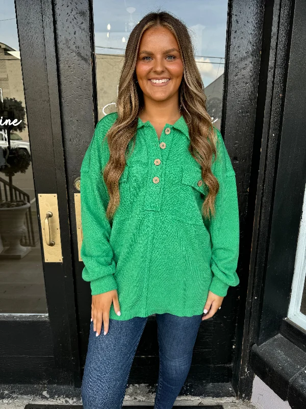 Green button front collar top