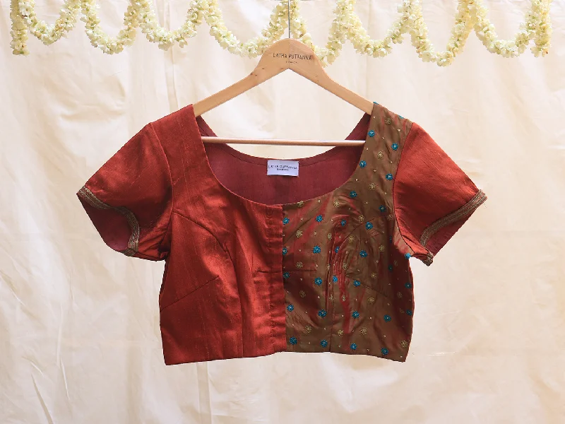 Sangria red, Raw silk, Hand embroidery blouse