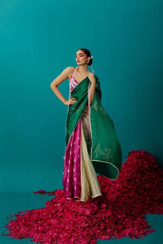 Pink , Green & Cream 3Color Saree