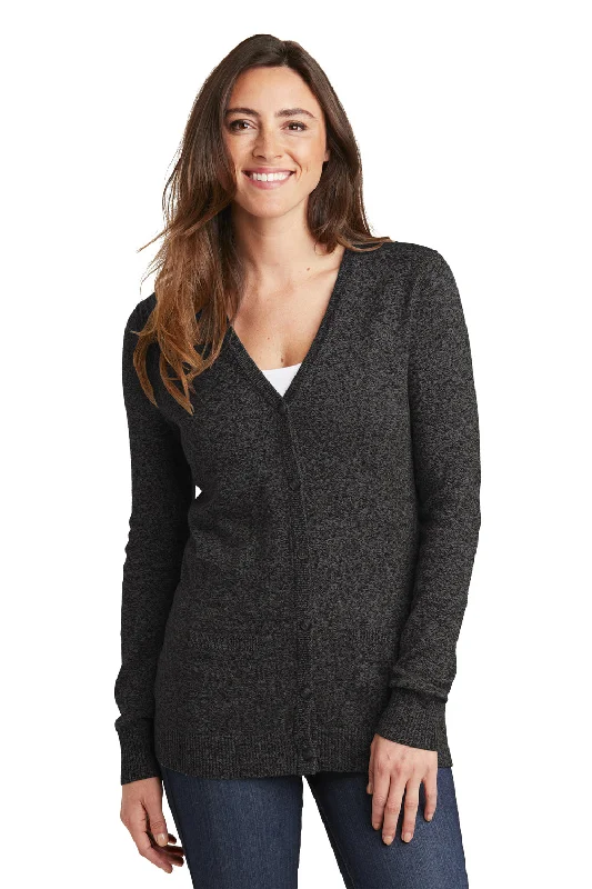 Port Authority Womens Long Sleeve Cardigan Sweater - Black Marl - Closeout