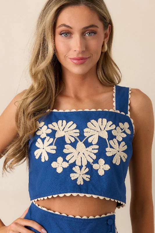 Take Me There Blue Embroidered Floral Cropped Top