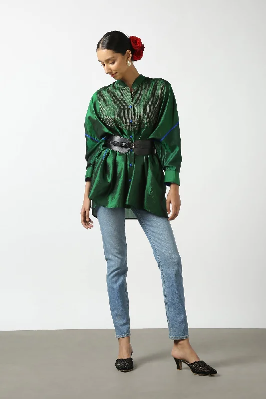 Dark Green Raw Silk Hand Embroidered Short Phiran Top