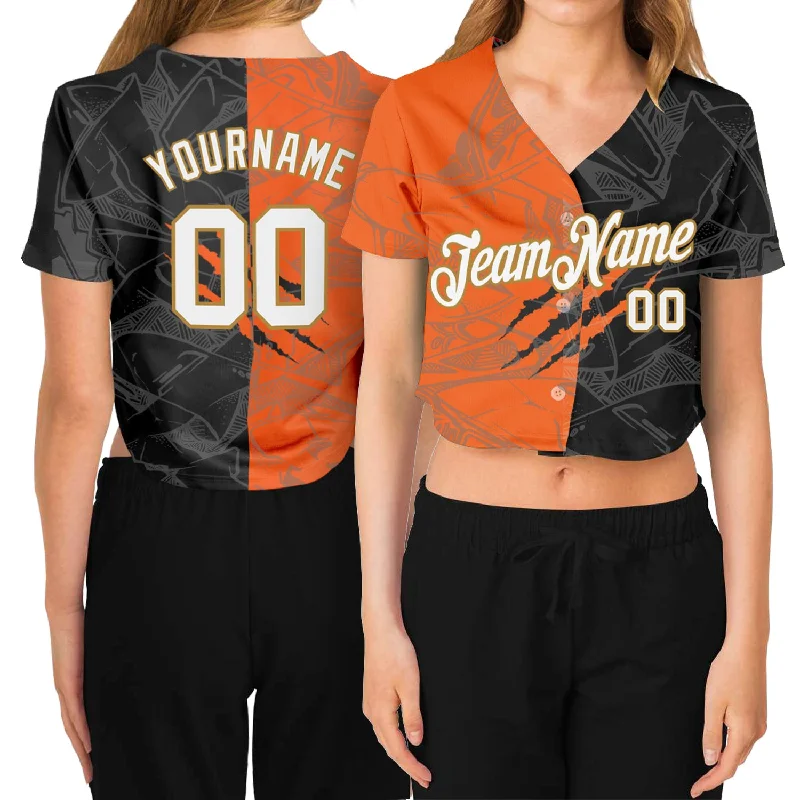 Custom Women's Graffiti Pattern White-Old Gold Scratch 3D V-Neck Cropped Baseball Jersey