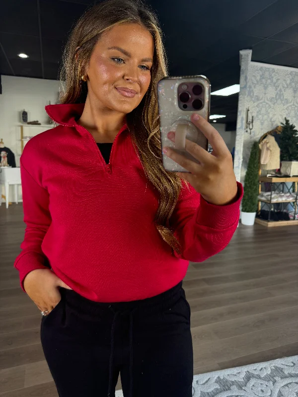 Red zip fleece pullover