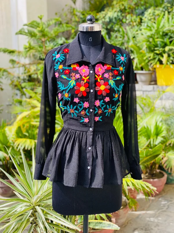 Black Floral Embroidered Shirt