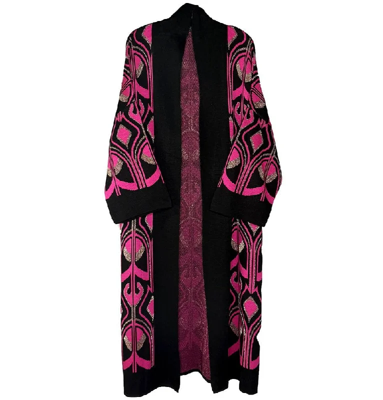 Modest Muslim Women’s Abstract Turkish Tulip Long Knitted Cardigan - Black & Pink