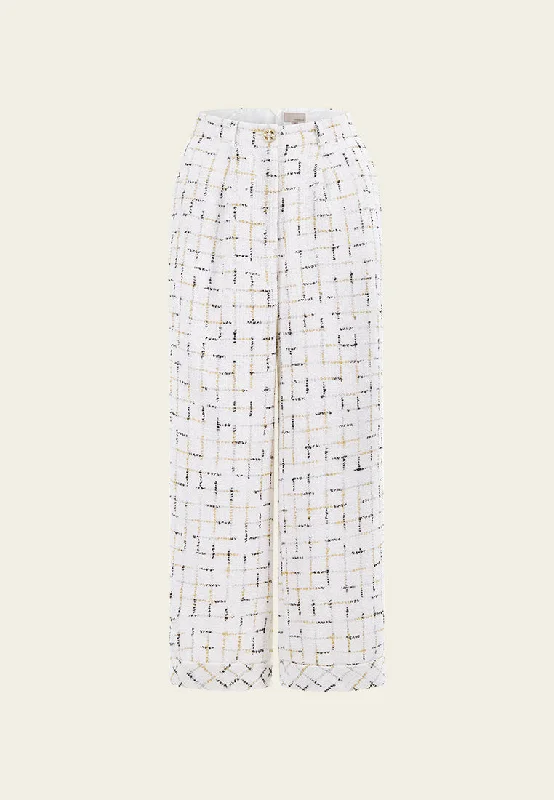 Prestige White Check Tweed Wide-legs Pants