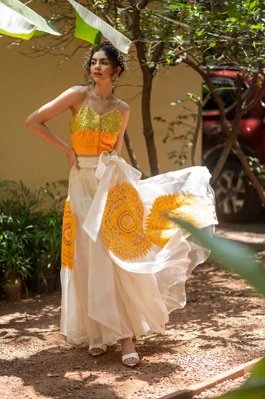 White Organza skirt with 3 large embroidered sunflower motifs