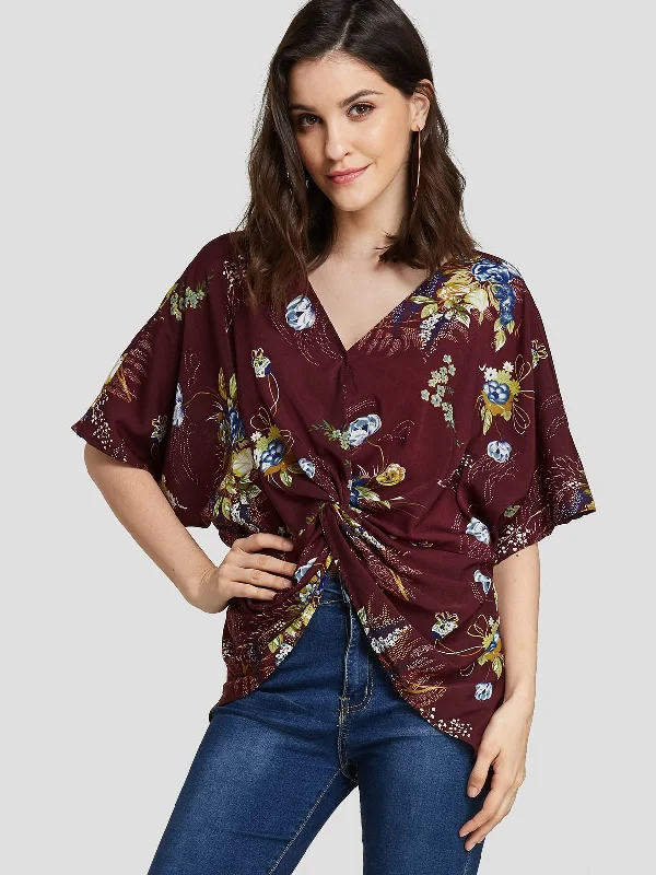 Custom V-Neck Floral Print Short Sleeve Burgundy T-Shirts