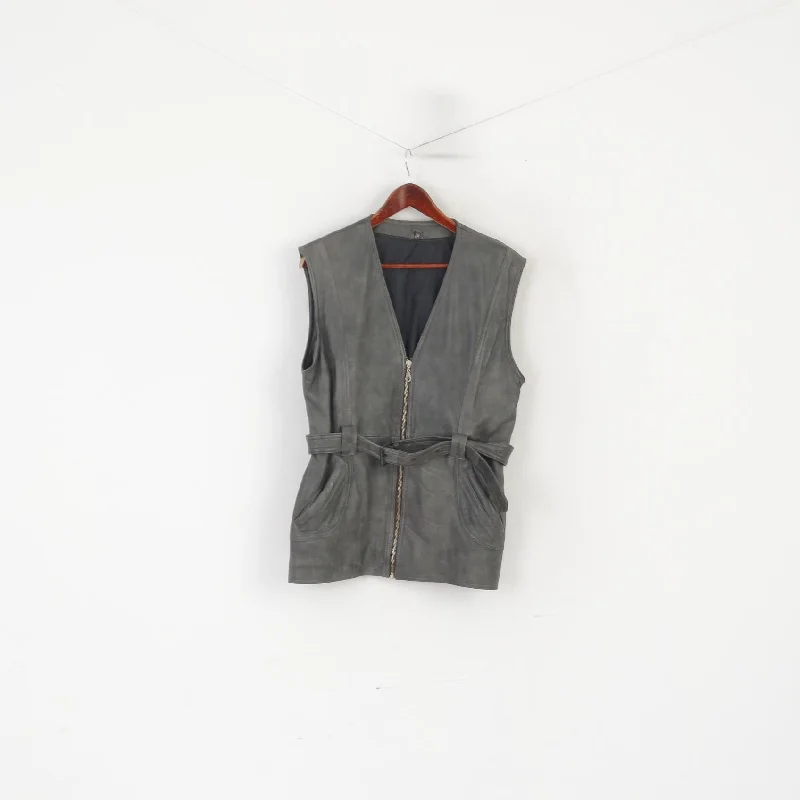 Vintage Women M Waistcoat Gray Leather Belted Retro Zip Up Biker Vest