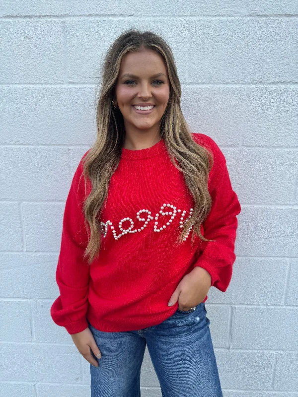 Red pearl “MERRY” sweater