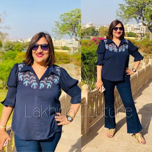 Navy Blue Embroidered Top