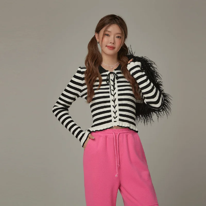 Eyelet Tie Up Stripe Knit Top