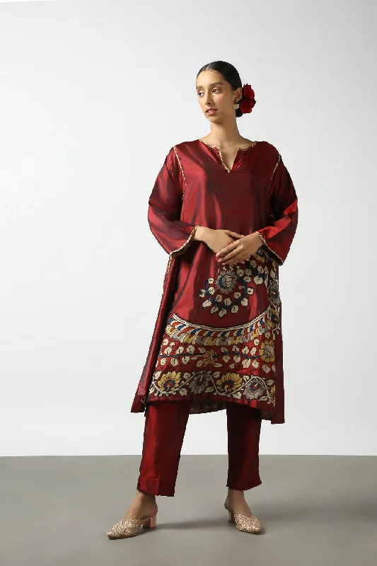 Red Kalamkari Applique Silk Tops With Kanchi Cotton Pants