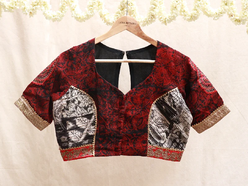 Barn red and black, chiffon and silk, Hand embroidery blouse