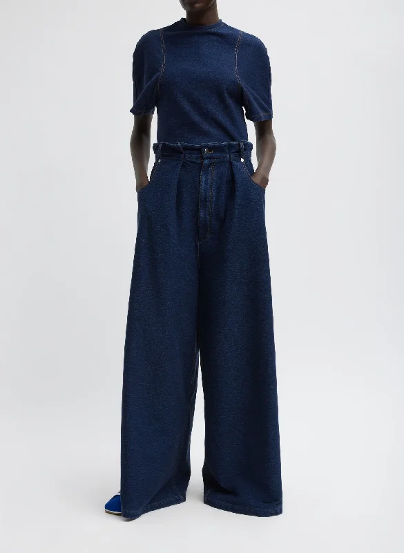 Indigo Barre Denim Knit Walker Wide Leg Jean