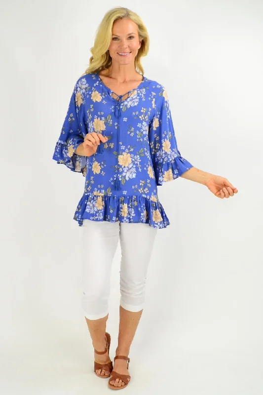 Wide Sleeve Blue Floral Tunic Top