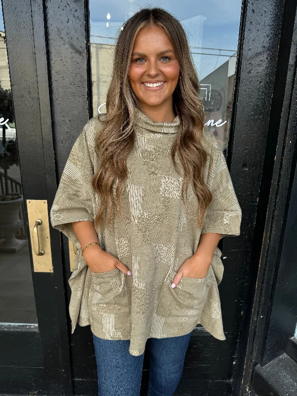 Taupe mock neck front pocket top