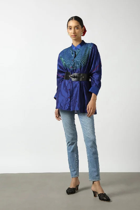 Dark Blue Raw Silk Hand Embroidered Short Phiran Top