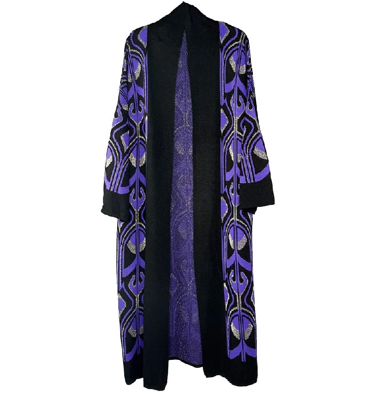 Modest Muslim Women’s Abstract Turkish Tulip Long Knitted Cardigan - Black & Purple